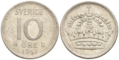 Швеция 10 эре 1961 Густав VI Адольф (1950-1973) KM 823 серебро 4147-932
