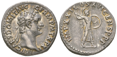 Римская Империя денарий 92 Домициан, IMP CAES DOMIT AVG GERM P M TR P XI, голова императора/IMP XXI COS XVI CENS P P P, Минерва, Рим, 3,60 гр, about extremely fine RIC 166 серебро 00-00