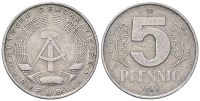 ГДР 5 пфеннигов 1968 A KM 9.1 алюминий 4625-237