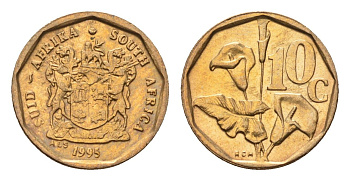 ЮАР 10 центов 1995 герб, цветок алоэ KM 135 сталь плакированная бронзой UNC 4694-718