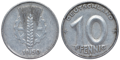 ГДР 10 пфеннигов 1950 E KM алюминий 4119-444