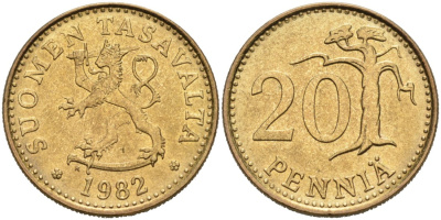 ФИНЛЯНДИЯ 20 ПЕННИ 1982 K KM 47 алюминиевая бронза 4563-332