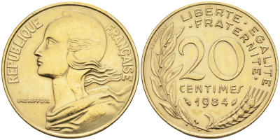 Франция 20 сантимов 1984 тип Marianne KM 930, Le Franс 156.24 медь алюминий никель    4177-124