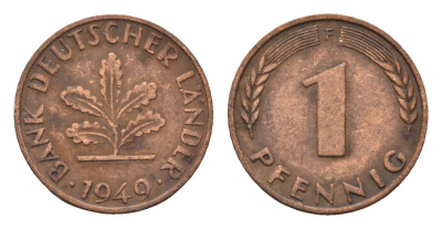 ФРГ 1 пфенниг 1949 F KM A101, J. 376 сталь плакированная медью 4685-345