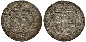 Ливония, Рига 1/24 талера 1647 Шведская оккупация, Кристина (1632-1654), минтмарк собака, вес 1,17 гр. KM 3 серебро 1516-621