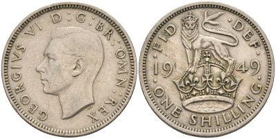 Великобритания 1 шиллинг 1949 Георг VI (1936-1952), Английский герб KM 876, Spink 4108 медно-никель    4595-917