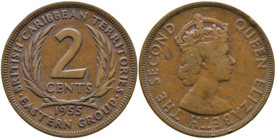 Британские Восточно-Карибские территории 2 цента 1955 Елизавета II (1952-2022) KM 3 бронза 4531-1241