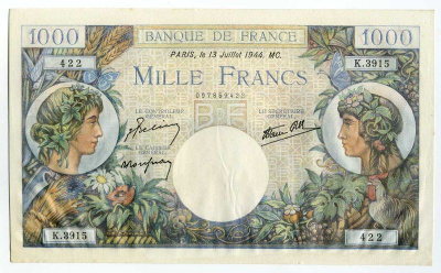 Франция 1000 франков 1944 13 июля 1944, подписи J. Belin, P. Rousseau and R. Favre-Gilly Pick 96b бумага aUNC 451-9-1