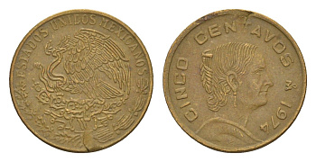 Мексика 5 сентаво 1974 Жозефа Ортис де Домингес KM 427 латунь 4655-1049