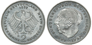 ФРГ 2 марки 1977 G, Теодор Хойс KM 127, J. 407 медно-никель плакированный никелем UNC 4681-956