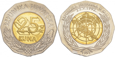 Хорватия 25 кун 1997 5 лет членства Хорватии в ООН, карта KM 48 биметалл UNC M42-18