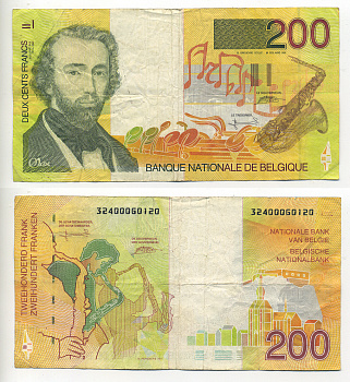 БЕЛЬГИЯ 200 ФРАНКОВ 1995 ПОДПИСЬ (5 И 15), БЕЛЬГИЙСКИЙ ИЗОБРЕТАТЕЛЬ МУЗЫКАЛЬНЫХ ИНСТРУМЕНТОВ АДОЛЬФ САКС (1814-1894) Pick 148 бумага 6293-27-2