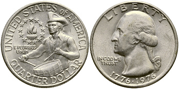 США 25 центов (квотер) 1976 200 лет независимости (1776-1976), Вашингтон, барабанщик KM 204 медь плакированная медно-никелем 4388-322