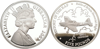 Гибралтар 5 фунтов 2007 серия история британской авиации, самолет DHC-1 KM NEW серебро PROOF 01-170-45