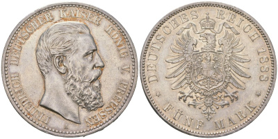 Пруссия 5 марок 1888 A, Фридрих III (1888) KM 512 серебро aUNC 4044-612