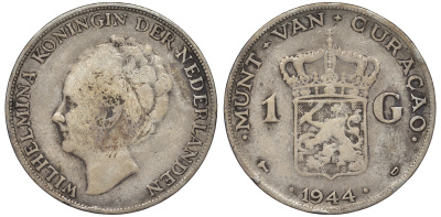 Нидерландское Кюрасао 1 гульден 1944 D, Вильгельмина (1890-1948) KM 45 серебро 36-722