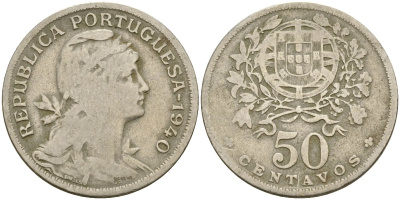 Португалия 50 сентаво 1940 KM 577 медно-никель 4172-327