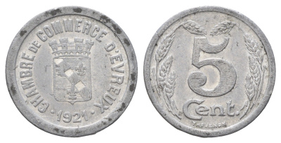 Франция, Эврё 5 сантимов 1921 диаметр 19 мм, вес 0,96 гр Elie mon 10.1 алюминий aUNC 4659-426