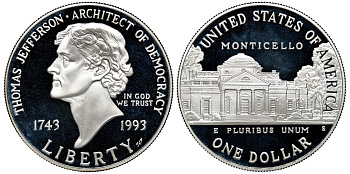 США 1 доллар 1993 S, 250 лет со дня рождения Томаса Джефферсона, в оригинальной коробке KM 249 серебро PROOF 00-000-00