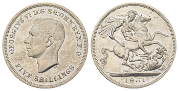 Великобритания 1 крона (5 шиллингов) 1951 Георг VI (1936-1952), фестиваль Британии, Георгий Победоносец KM 880, Spink 4111 медно-никель UNC 00-1067-6-42