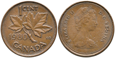Канада 1 цент 1980 Елизавета II (1952-2022), кленовый лист KM 127 бронза 4528-747