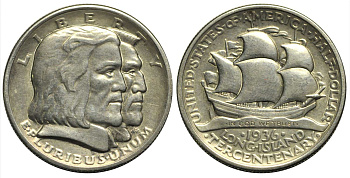 США 1/2 доллара (50 центов) 1936 300 лет Лонг-Айленду KM 182 серебро    00-809-11