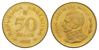 Аргентина 50 песо 1981 KM 83a сталь плакированная латунью UNC 4656-1145