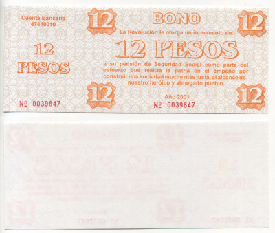 Куба талон на 12 песо 2001 увеличение фонда социальной защиты для пенсионеров и ветеранов революции, с корешком   бумага  UNC (пресс) 00-00
