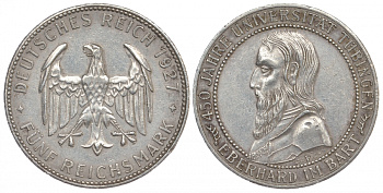 Германия 5 марок 1927 F, 450 лет Университету Тюбингена J.329, KM 55 серебро 00-815-24