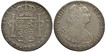 Перу 8 реалов 1796 IJ, монетный двор ME (LIMAE), Карл IIII Испанский (1788-1808) KM 97 серебро 00-00