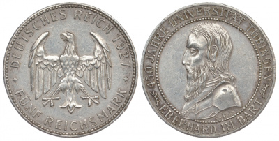 Германия 5 марок 1927 F, 450 лет Университету Тюбингена J.329, KM 55 серебро 00-815-24