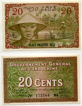 Французский Индокитай 20 центов 1939 Pick 86 c бумага UNC (пресс) 000-00-00