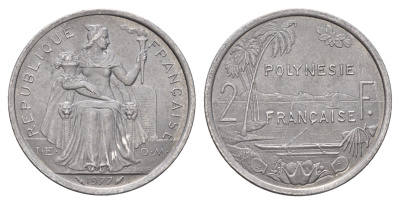 Французская Полинезия 2 франка 1977 KM 10 алюминий 179-915