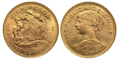 Чили 100 песо 1949 KM 175 золото UNC 00-000-00