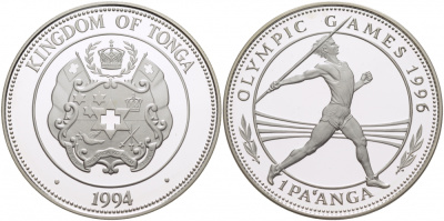 Тонга 1 паанга 1994 XXVI Олимпийские игры 1996 года в Атланте, копьеметатель KM 159 серебро PROOF 11-101-33