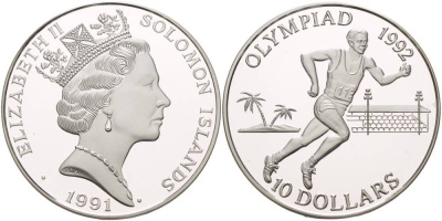 Соломоновы острова 10 долларов 1991 XXV Олимпийские игры 1992 года в Барселоне, бег KM 48 серебро PROOF 1081-8-34
