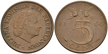 НИДЕРЛАНДЫ 5 ЦЕНТОВ 1966 ЮЛИАНА (1949-1980) КМ 181 бронза 4573-356