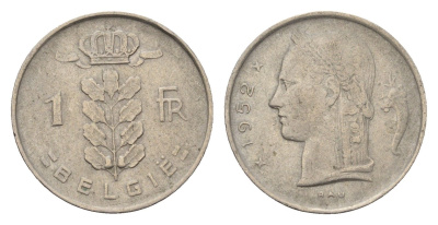 Бельгия 1 франк 1952 Belgie, Бодуэн I (1951-1993) KM 143 медно-никель 4684-133