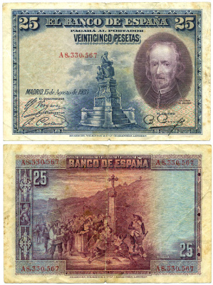 ИСПАНИЯ 25 ПЕСЕТ 1928 СЕРИЯ А 8330567, ПЕДРО КАЛЬДЕРОН ДЕ ЛЯ БАРКА Pick 74b бумага 8588-32-1-2