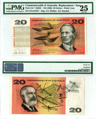 Австралия 20 долларов ND (1968) в холдере компании PMG. Сохранность -25, серия замещения ZXA Сэр Чарльз Кингсфорд-Смит. Лоуренс Харгрейв Pick 41 c* бумага 452-3-10