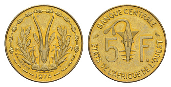 Западная Африка (BCEAO) 5 франков 1974 KM 2a медь алюминий никель BU 4640-529