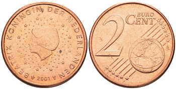 НИДЕРЛАНДЫ 2 ЕВРОЦЕНТА 2001 КОРОЛЕВА БЕАТРИКС KM 235 сталь плакированная медью XF+ 86-227