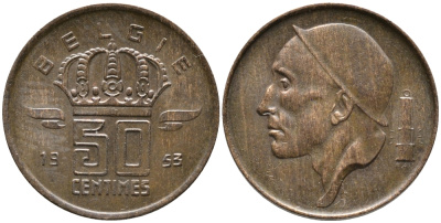 БЕЛЬГИЯ 50 САНТИМОВ 1953 BELGIE KM 145 бронза 100-461