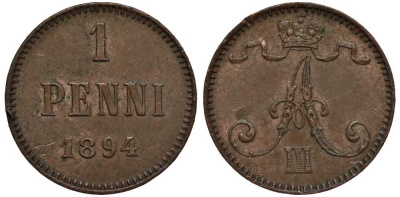 РОССИЯ ДЛЯ ФИНЛЯНДИИ 1 ПЕННИ 1894 АЛЕКСАНДР III Биткин 257 медь 3309-821