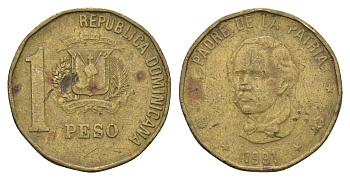 Доминиканская Республика (Доминикана) 1 песо 1991 Хуан Пабло Дуарте KM 80.1 латунь 4663-911