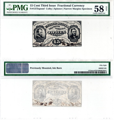 США, Fractional Currency 15 центов ND (1863) Образец аверса. Узкие поля. Третий выпуск. В холдере компании PMG. Сохранность - «58 NET». Улисс Грант, Уильям Текумсе Шерман Friedberg № 1273-SP. Pick NL бумага 452-3-59