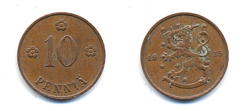 Финляндия 10 пенни 1935 республика (1918-1962) KM 24 медь 51-5436