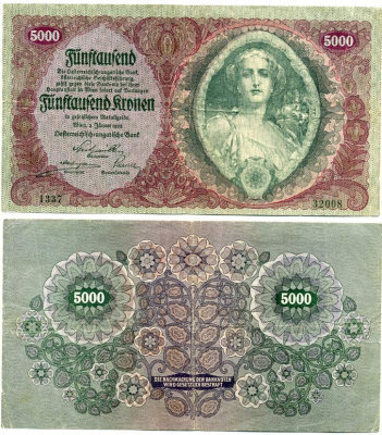 Австрия 5000 крон 1922 2 января 1922 Pick 79 бумага 444-125-1-2