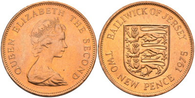 Джерси 2 пенса 1975 герб, Елизавета II (1952-2022) KM 31 бронза UNC 4367-433