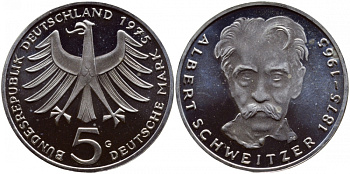 ФРГ 5 марок 1975 G, 100 лет со дня рождения Альберта Швейцара KM 143, J.418 серебро PROOF 1520-1324